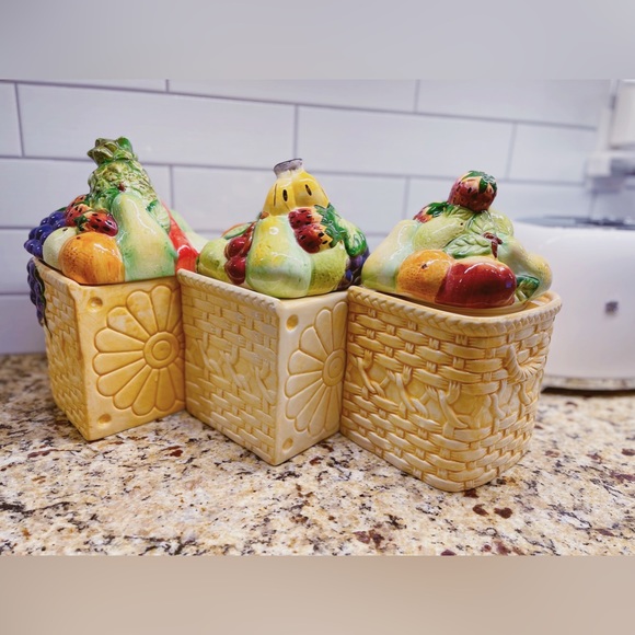 Cottagecore Vintage GOURMET Fruit Basket & Daisy Flowers Canister Set of 3 - Picture 10 of 11